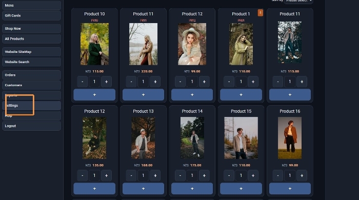 POS menu with the Settings button highlighted