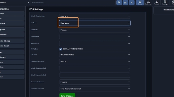 UI Theme drop down set to Light Mode in POS Settings